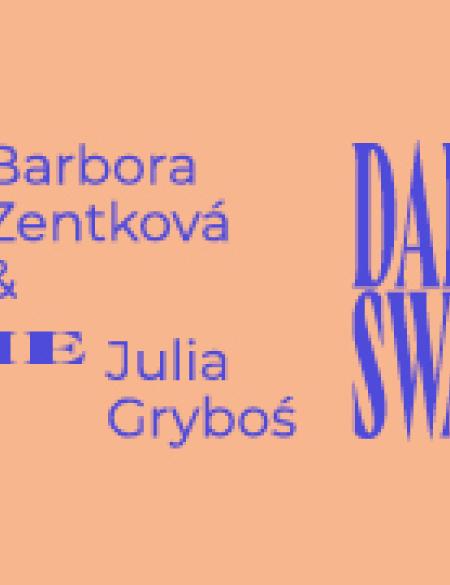 baner informacyjny, napis spotkanie na wystawie, daily swallowed dilemma, pomarańczowe tło.