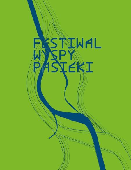 bener informacyjny, niebieski napis festiwal wyspy pasieki, zielone tło