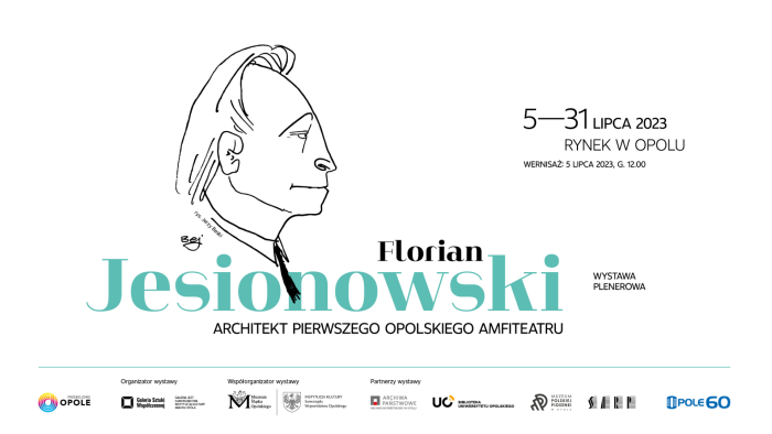 benerek informacyjny, profil F. Jesionowskiego, napis Florian Jesionowski, architekt amfiteatru opolskiego, rynek, 5.07.