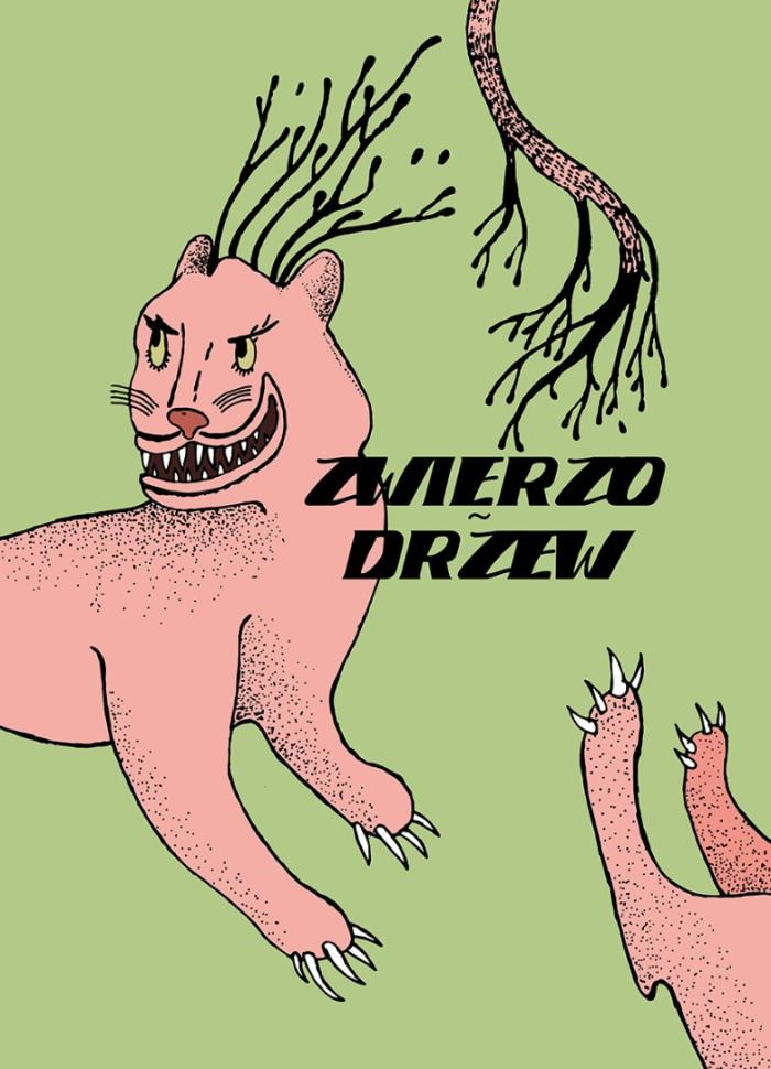 banerek z rysunkiem gałęzi i bajkowego zwierzaka. oliwkowe tło, różowe zwierzę. 