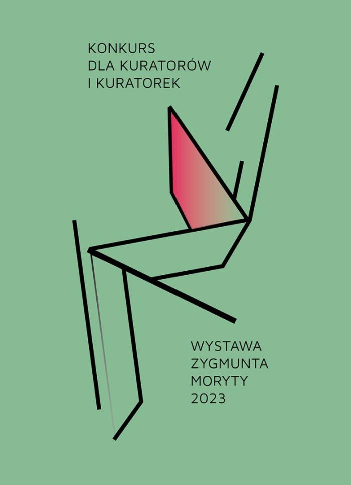 baner informacyjny: napis konkurs kuratorski, wystawa zygmunta moryty. oliwkowe tło, abstrakcyjna  forma rysunkowa.