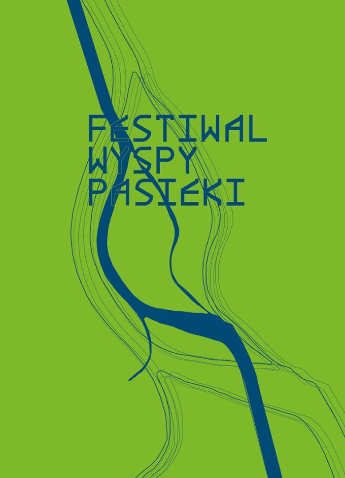 bener informacyjny, niebieski napis festiwal wyspy pasieki, zielone tło