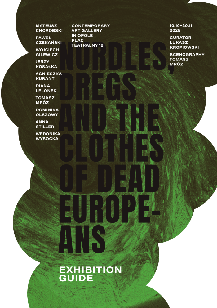 baner of the exhibition in gallery, title: nurdles, dregs and clothes of dead europeans